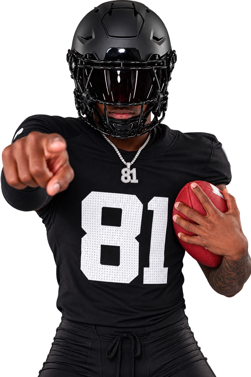 Jayden Warren in black number 81 football uniform holding a football