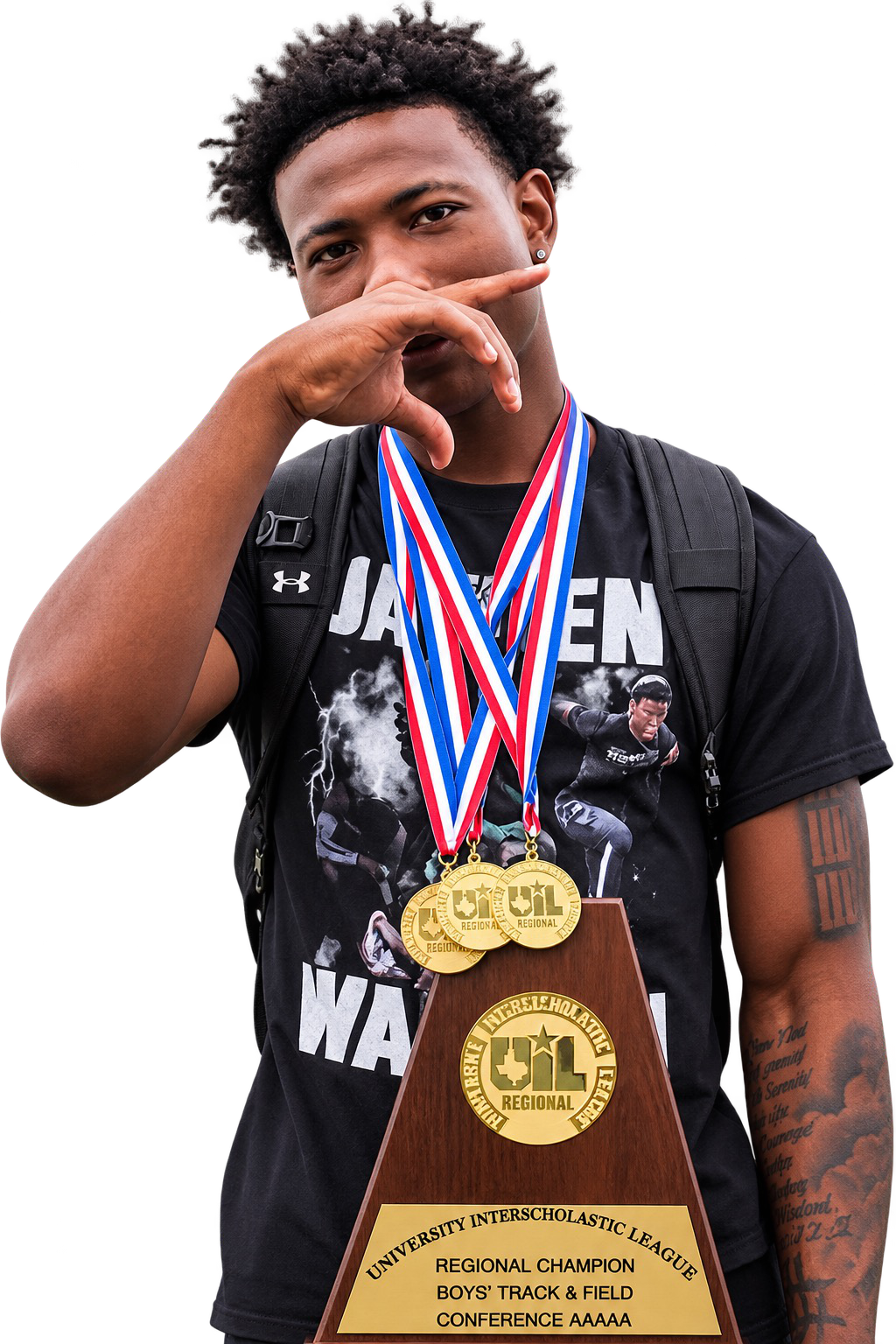 Jayden Warren wearing medals and holding a regional track and field trophy